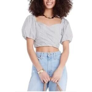 J.Crew Puff-Sleeve Organic Cotton Cropped Top Striped White Blue Beachy Womens L